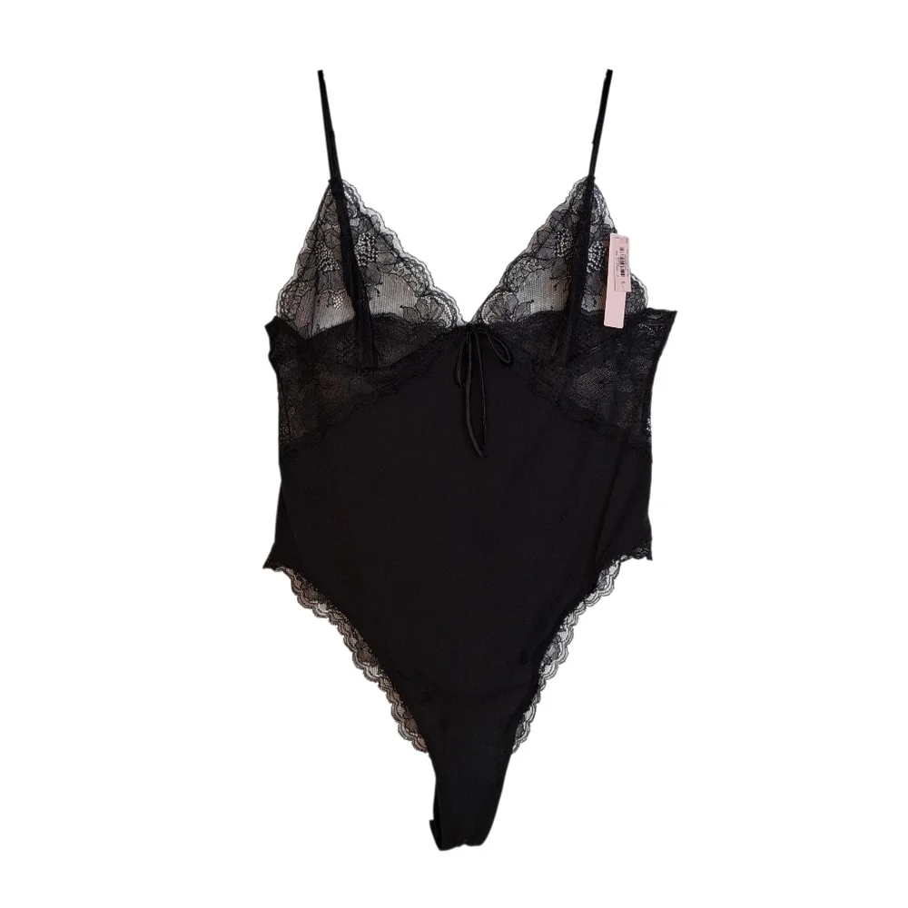 NEW Victoria's Secret High Leg Lace Thong Bodysuit Sz Lg Black NWT